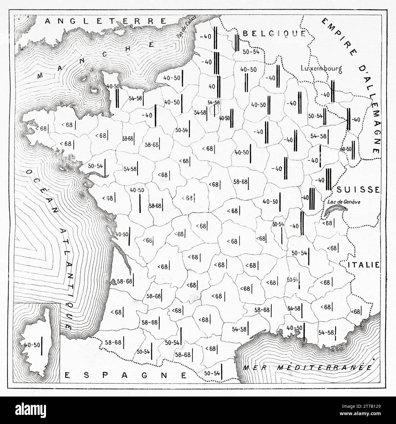 Mappa della distribuzione dell'altezza in Francia alla fine del XIX secolo. Vecchia illustrazione di la Nature 1887 Foto Stock