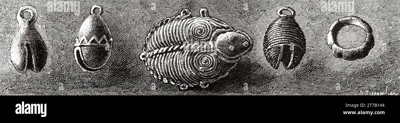 L'età dei metalli in Messico, oggetti dell'età del rame del periodo quaternario. Vecchia illustrazione di la Nature 1887 Foto Stock