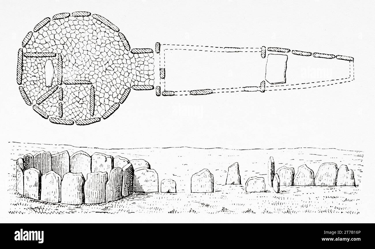 Costruzione megalitica. Luogo di sepoltura di Marcella dolmen, Algrave. Portogallo. Vecchia illustrazione di la Nature 1887 Foto Stock