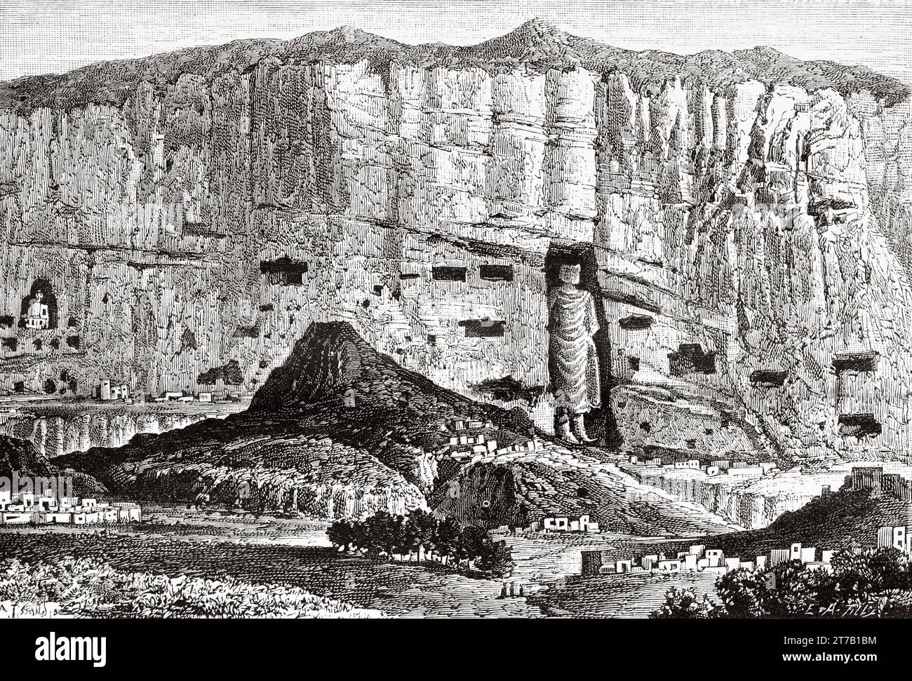 I Buddha di Bamiyan, statue monumentali del vi secolo scolpite sul fianco di una scogliera nella valle di Bamyan nell'Afghanistan centrale. Vecchia illustrazione di la Nature 1887 Foto Stock