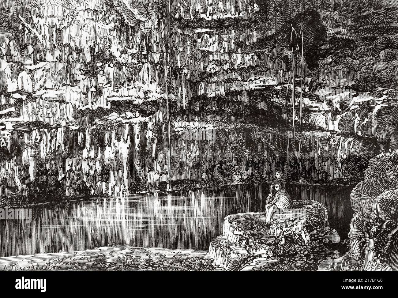 Il cenote Mucuyche, Yucatan. Messico. Vecchia illustrazione di la Nature 1887 Foto Stock