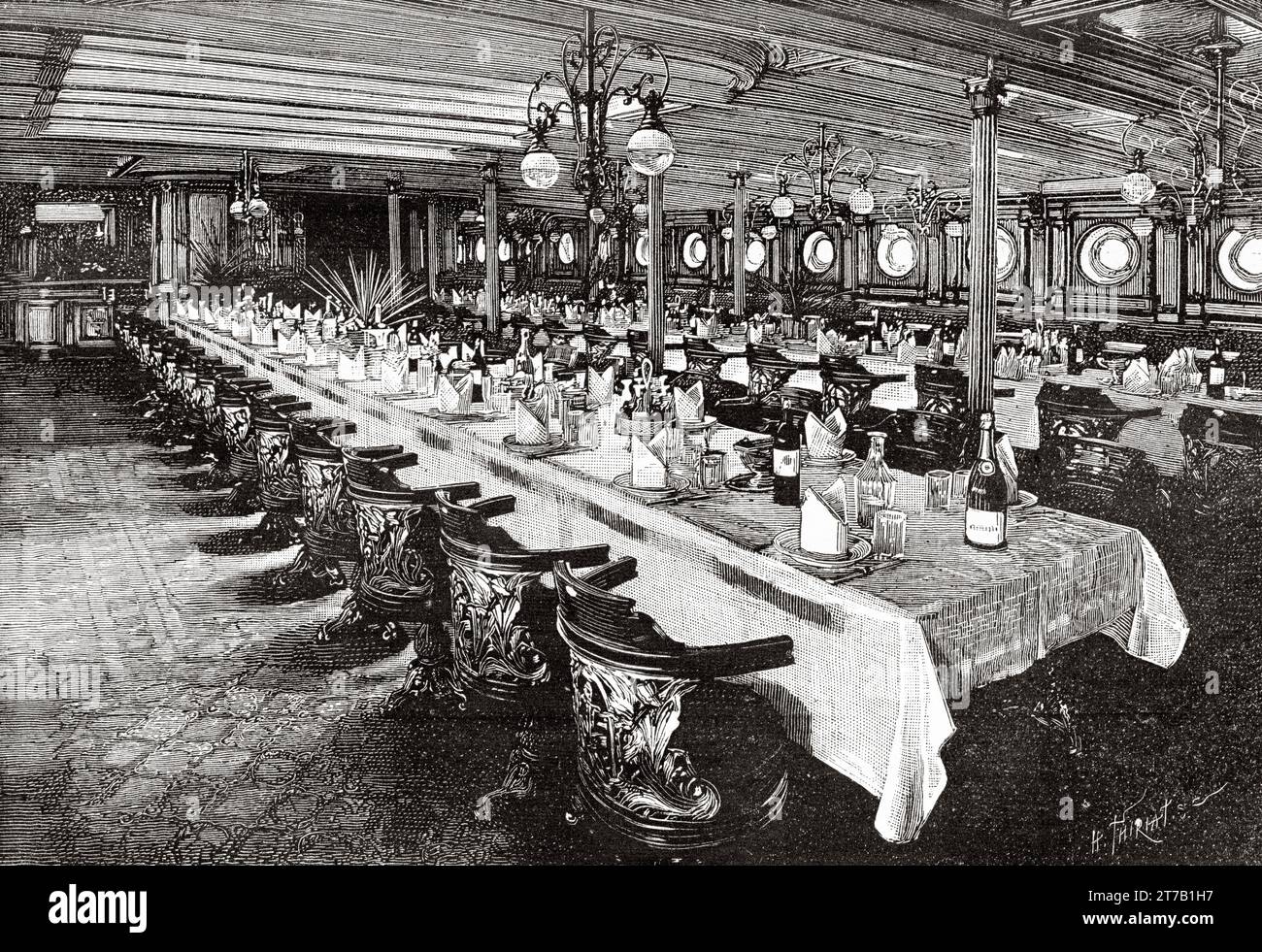 Paquebot la Gascogne. Sala da pranzo del nuovo transatlantico la Gascogne. Vecchia illustrazione di la Nature 1887 Foto Stock