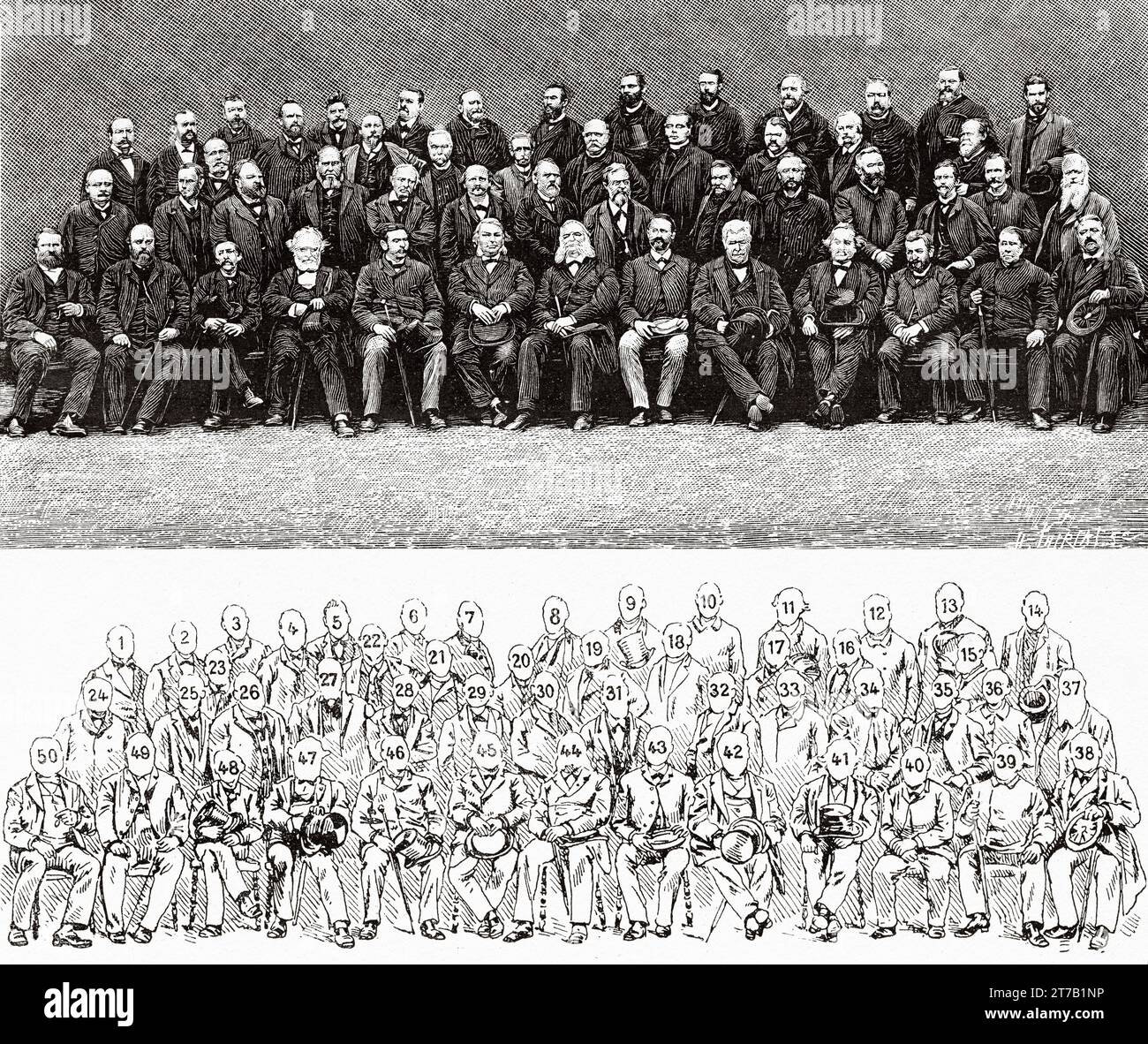 MM (1) Paul Henry, (2) Prosper Henry, (3) P. Gautier, (4) Thiele, (5) Beuf, g) A. Cornu, (7) Bouquet de la Grye, (8) Cruls, (9) Winterhalter, (10) Eder, (11) Fizeau, (12) Baillaud, (15) Vogel, (14) Donner, (15) Steinheil, (16) Schœnfeld, (17) Krueger, (18) R.-P Perry, (19) Oom, (20) Pujazon, (21) Laussedat, (22) T'acchini, (25) E. Gautier, (24) Wolf, (25) Knobel, (26) Common, (27) Russell, (28) Peters, (29) Lœwy, (30) Folie, (51) Weiss, (52) Gylden, (55) Gill, (54) Lohse, (35) Hasselberg, (56) Péchule, (57) Tennant, (38) Trépied, (39) Oude-mans, (40) Tisserand, (41) Bertrand, (42) Faye, (45 Foto Stock