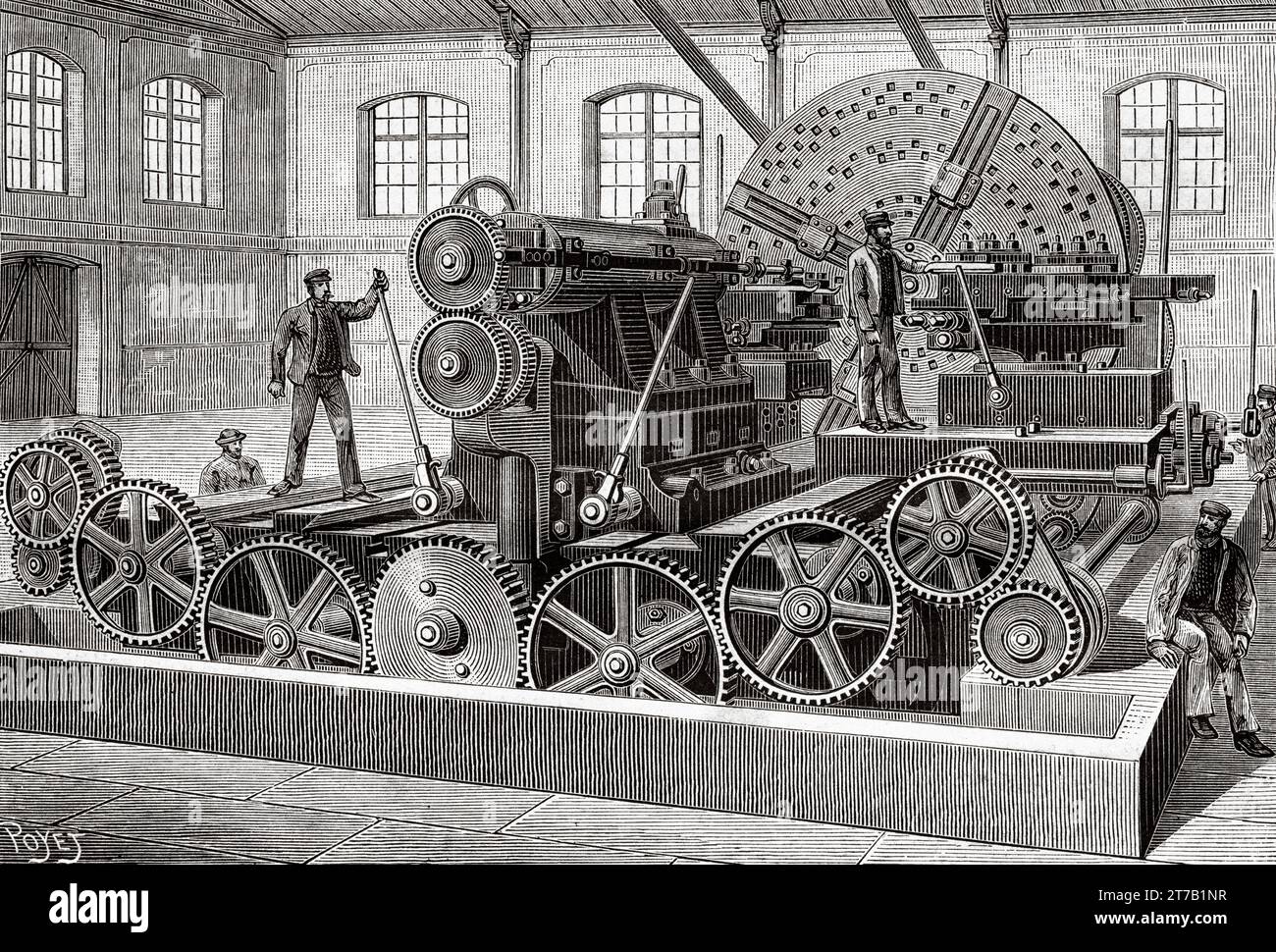 Il grande tornio universale di Mulhouse meccanismo di controllo della bambola e della panchina. Vecchia illustrazione di Louis Poyet (1846-1913) da la Nature 1887 Foto Stock