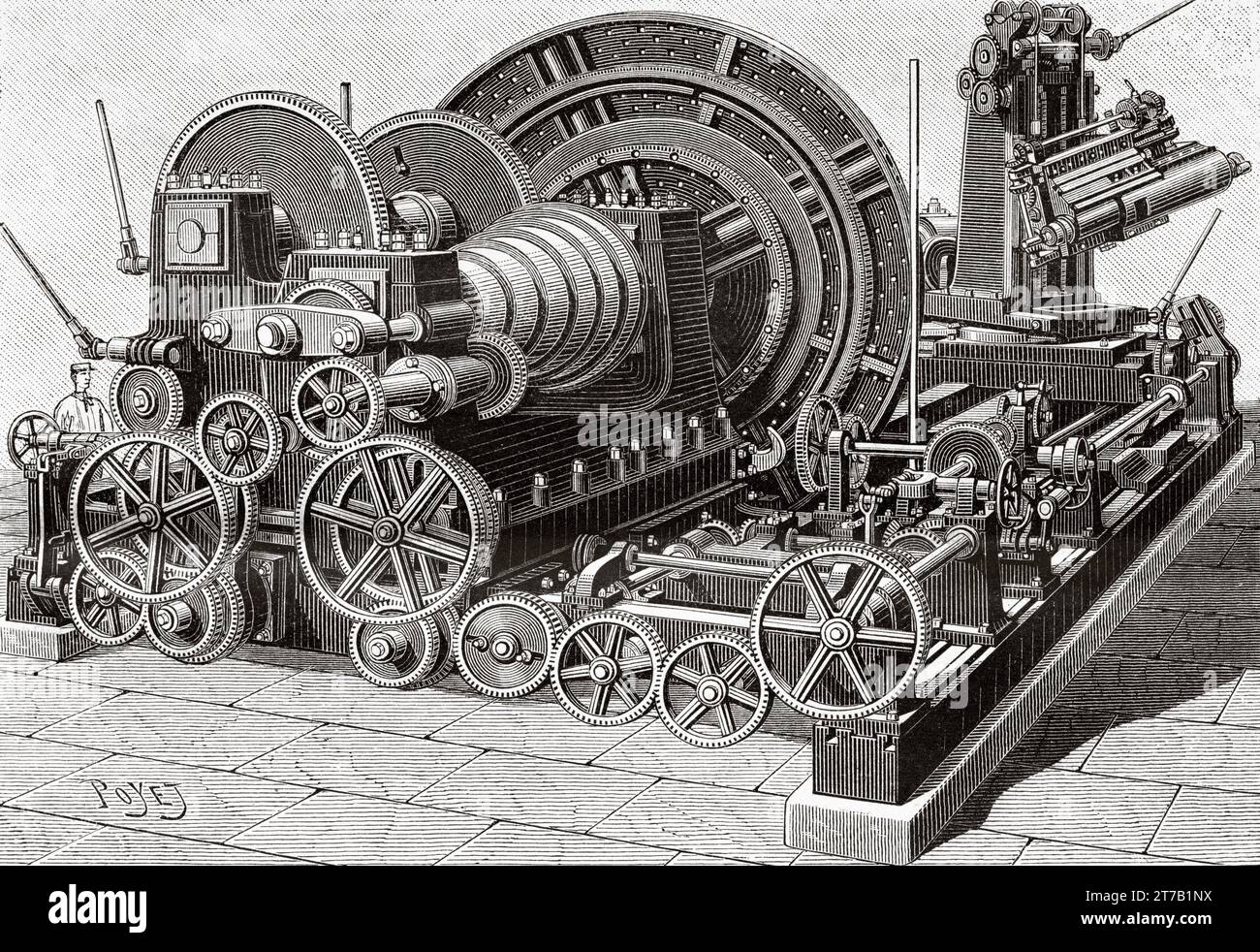 Il grande tornio universale di Mulhouse meccanismo di controllo della bambola e della panchina. Vecchia illustrazione di Louis Poyet (1846-1913) da la Nature 1887 Foto Stock
