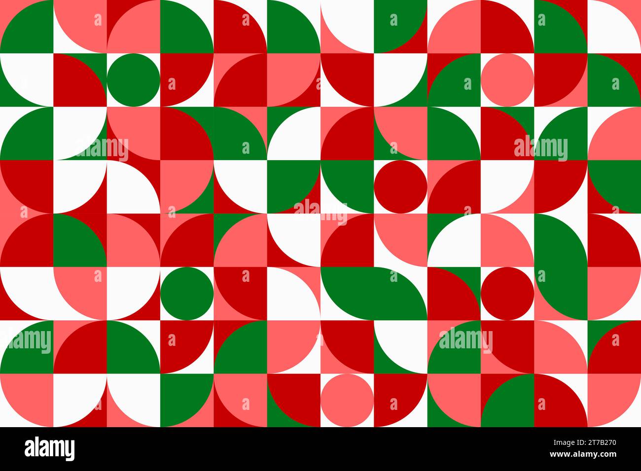Griglia di motivi geometrici scandinavi moderni natalizi, sfondo vettoriale. Cerchio astratto rosso-verde e forme di colore motivo scandinavo o piastrelle semicircolari geometriche Nordic Bauhaus senza cuciture Illustrazione Vettoriale