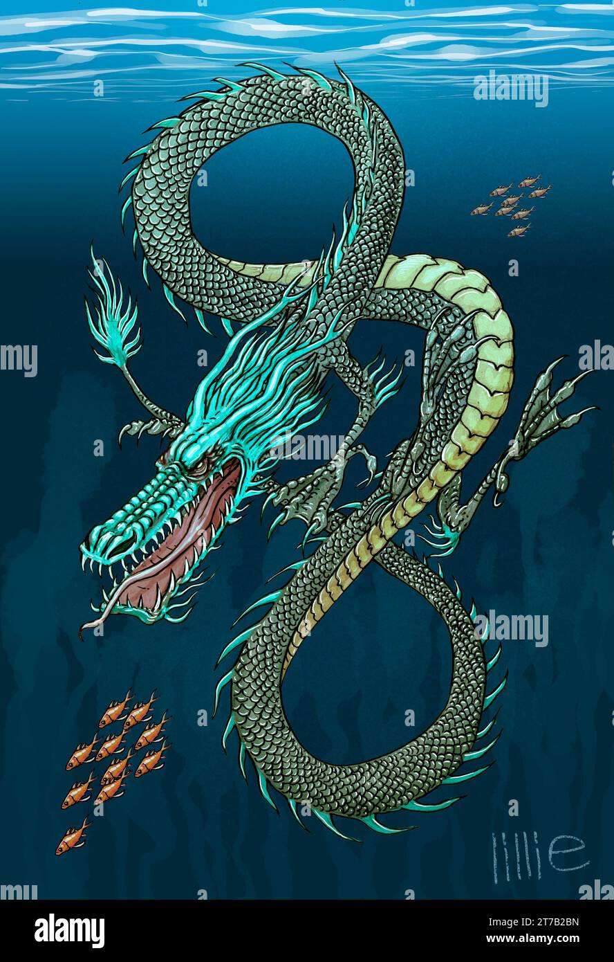 Art, mizuchi (大虬, 蛟龍, 蛟, 美都知), un tipo di drago giapponese o creatura leggendaria simile a un serpente, collegata all'acqua, descritta da alcuni come una divinità dell'acqua. Foto Stock