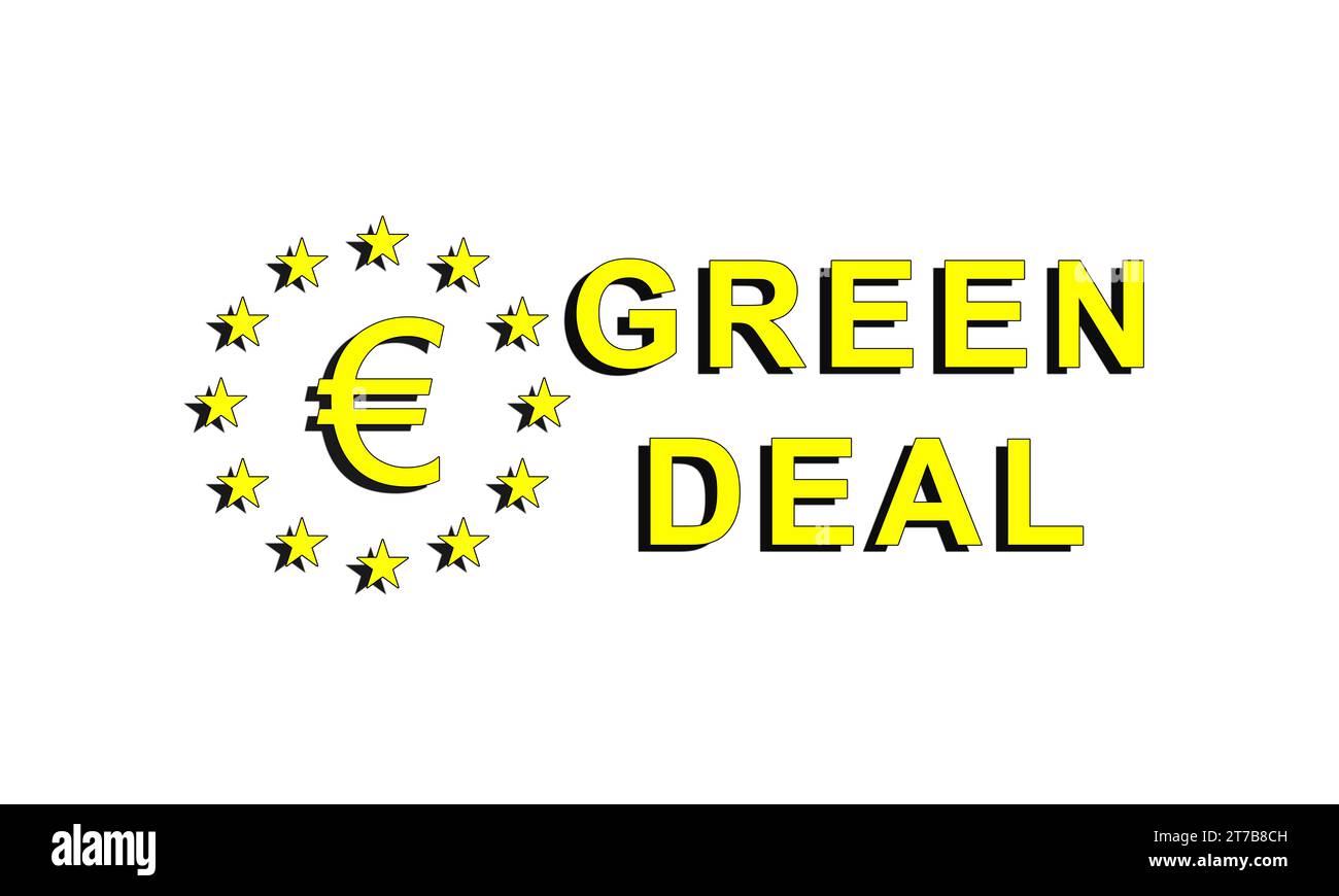 Piano industriale Green Deal, logo su sfondo bianco, fondi per l'efficienza energetica, zero emissioni in casa, nei trasporti e nell'agricoltura. Foto Stock