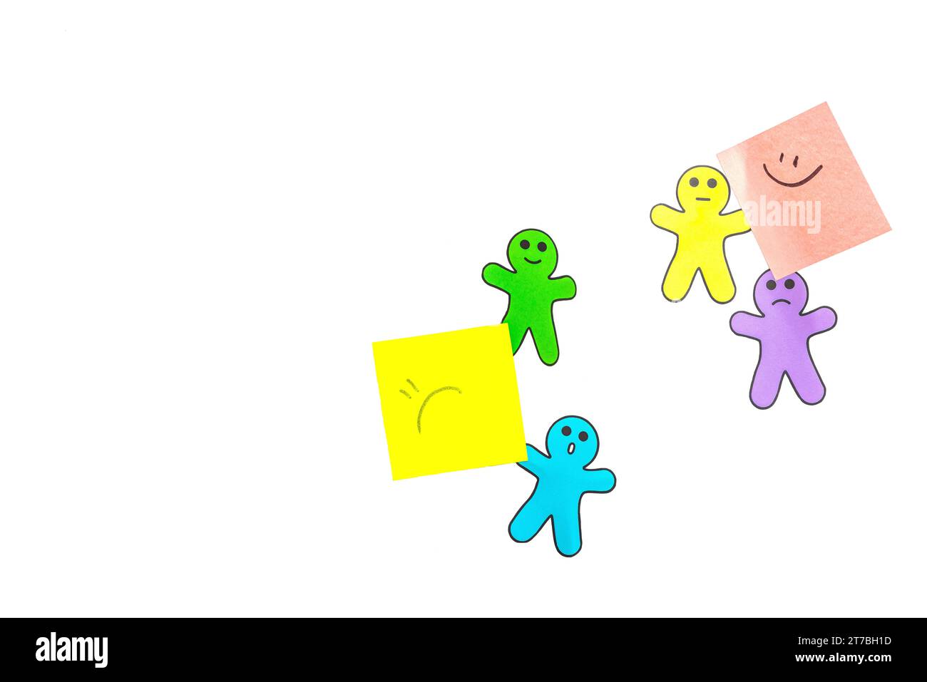 Giornata mondiale della salute mentale. Gli uomini di carta hanno emozioni diverse. Valutazione del feedback, revisione del cliente, esperienza, sondaggio sulla soddisfazione o valutazione co Foto Stock