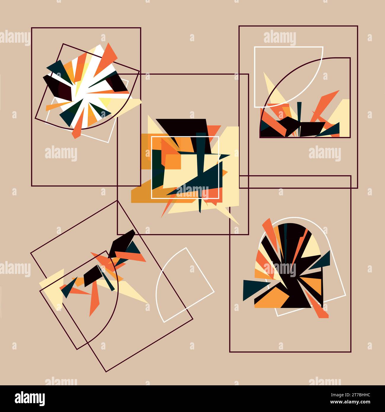 Set di composizioni astratte per poster stampati, etichette con logo di copertina e vari usi. Composizioni caotiche con frammenti nitidi e vettoriali di forme geometriche Illustrazione Vettoriale