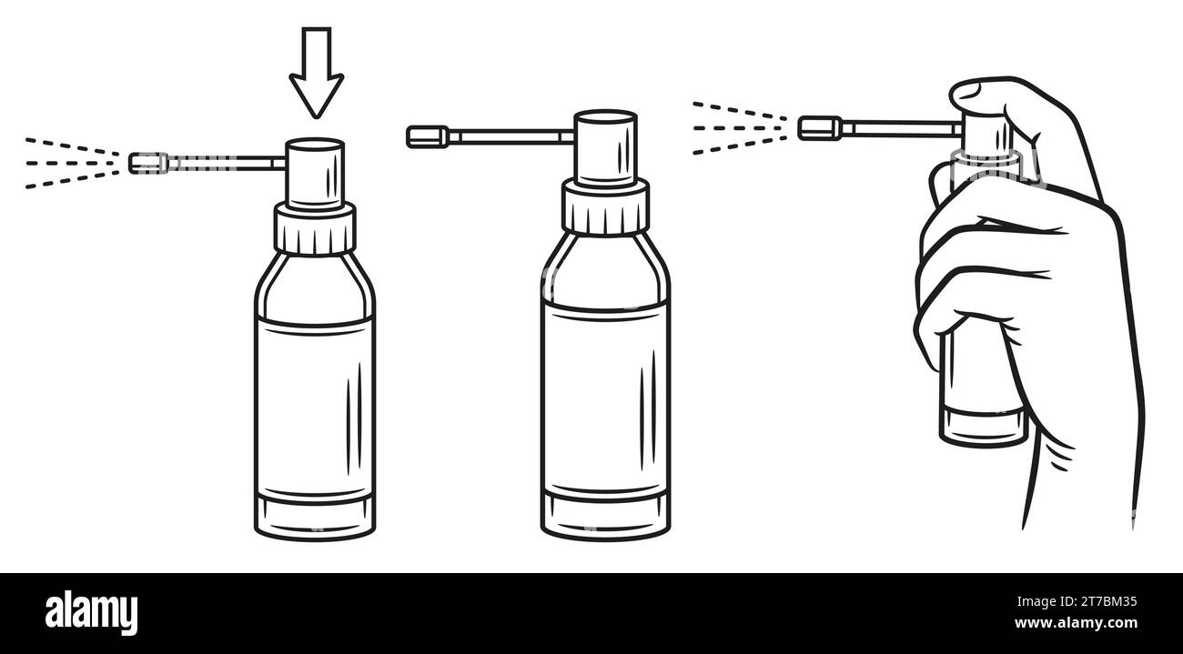 Spray medico per mal di gola, usa la bottiglia di spruzzatore di igiene della bocca della farmacia, insieme di icone della linea di medicina dell'aerosol liquido. Premere la mano sull'antisettico. Vettore Illustrazione Vettoriale