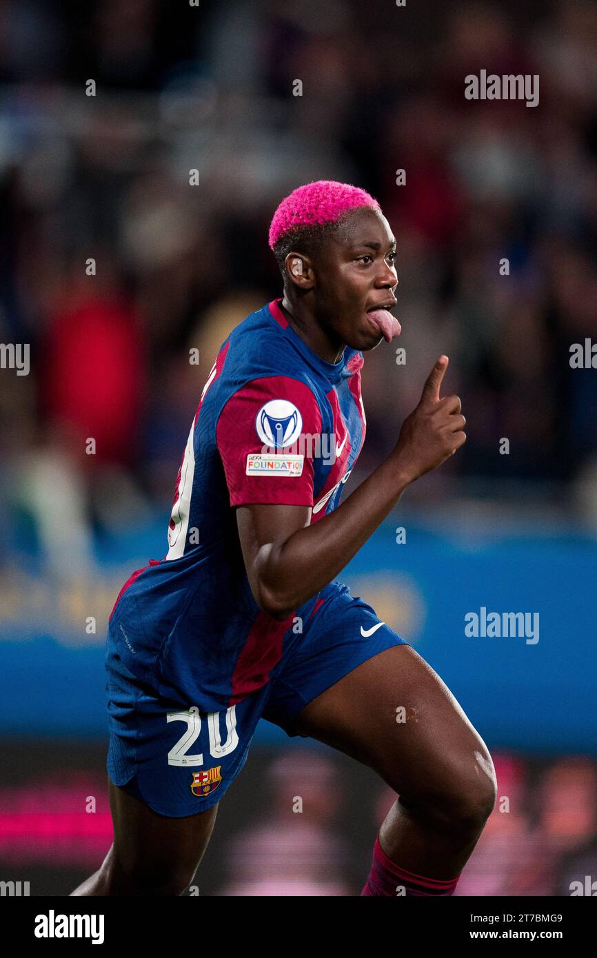 Sant Joan Despi, Spagna, 14 novembre 2023. Spagna-calcio-donne Champions League-gruppo A-FC Barcelona contro SL Benfica. (20) Oshoala celebra il suo punteggio. Crediti: Joan Gosa/Alamy Live News Foto Stock