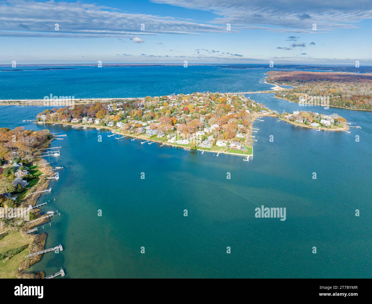 Vista aerea di Bay Point e Long Beach, SAG Harbour, ny Foto Stock