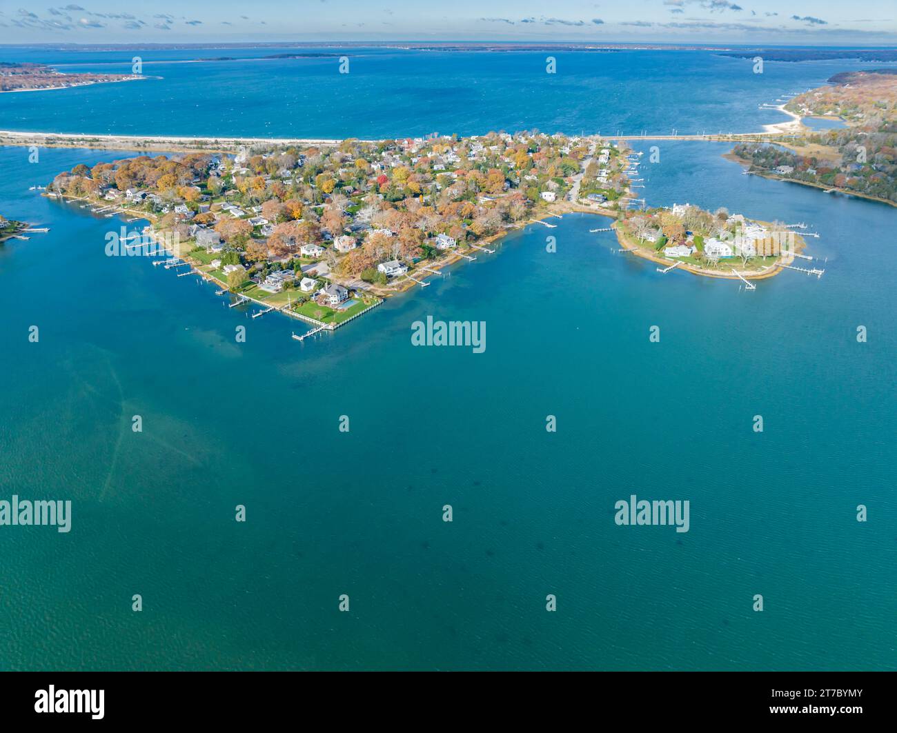 Vista aerea di Bay Point e Long Beach, SAG Harbour, ny Foto Stock