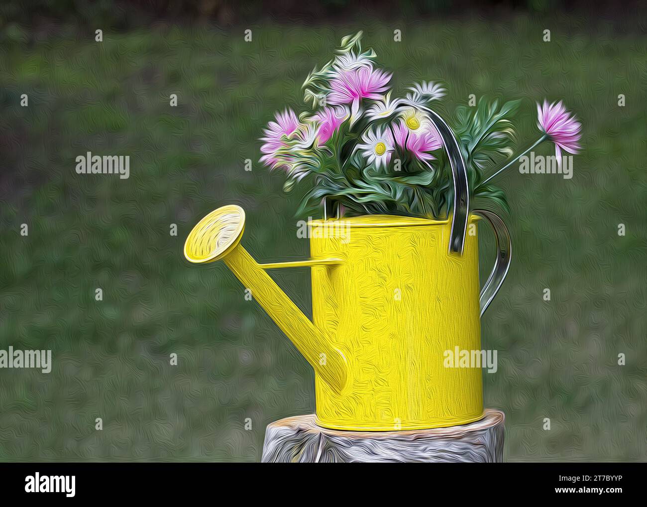 Pittura digitale ad olio di annaffiatura gialla con fiori viola seduti su un ceppo di alberi Foto Stock