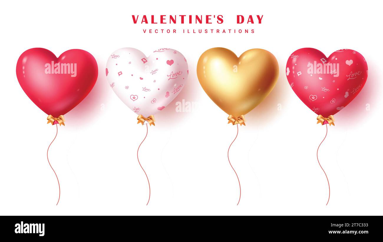 Il cuore di San Valentino è un set vettoriale di palloncini. La collezione gonfiabile di palloncini Heart di San Valentino galleggiante per san valentino, matrimonio e anniversario Illustrazione Vettoriale