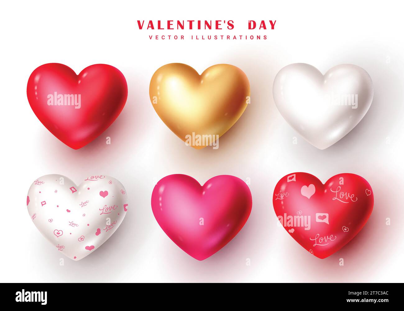 Il cuore di San Valentino è un set vettoriale di palloncini. Collezione di elementi gonfiabili con palloncino cuore di San Valentino per anniversario, matrimonio e san valentino Illustrazione Vettoriale