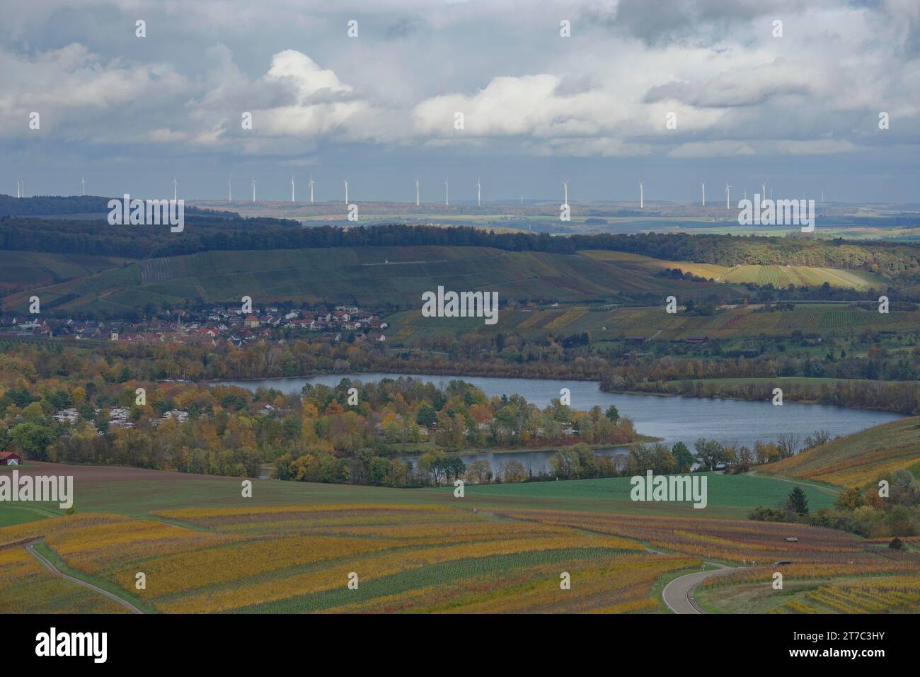 Vista del paesaggio autunnale intorno al lago Breitenau, area ricreativa locale, vigneto, Golden October, Loewenstein, regione di Heilbronn Foto Stock