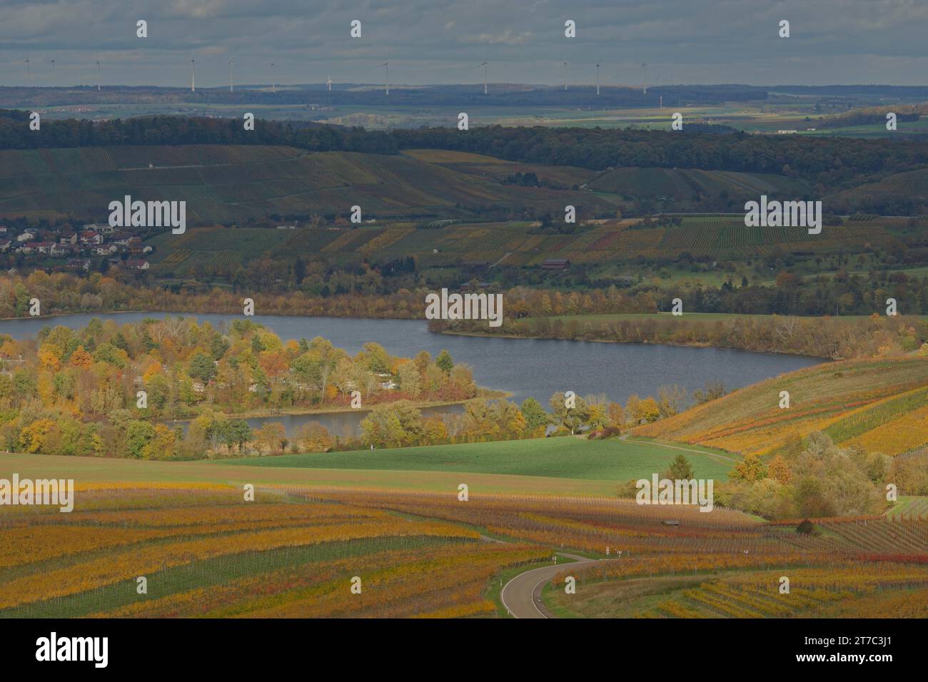 Vista del lago Breitenau, dell'ottobre d'oro, di Loewenstein, della regione di Heilbronn, del parco naturale della Foresta Svevo-Franconia, di Heilbronn-Franconia Foto Stock