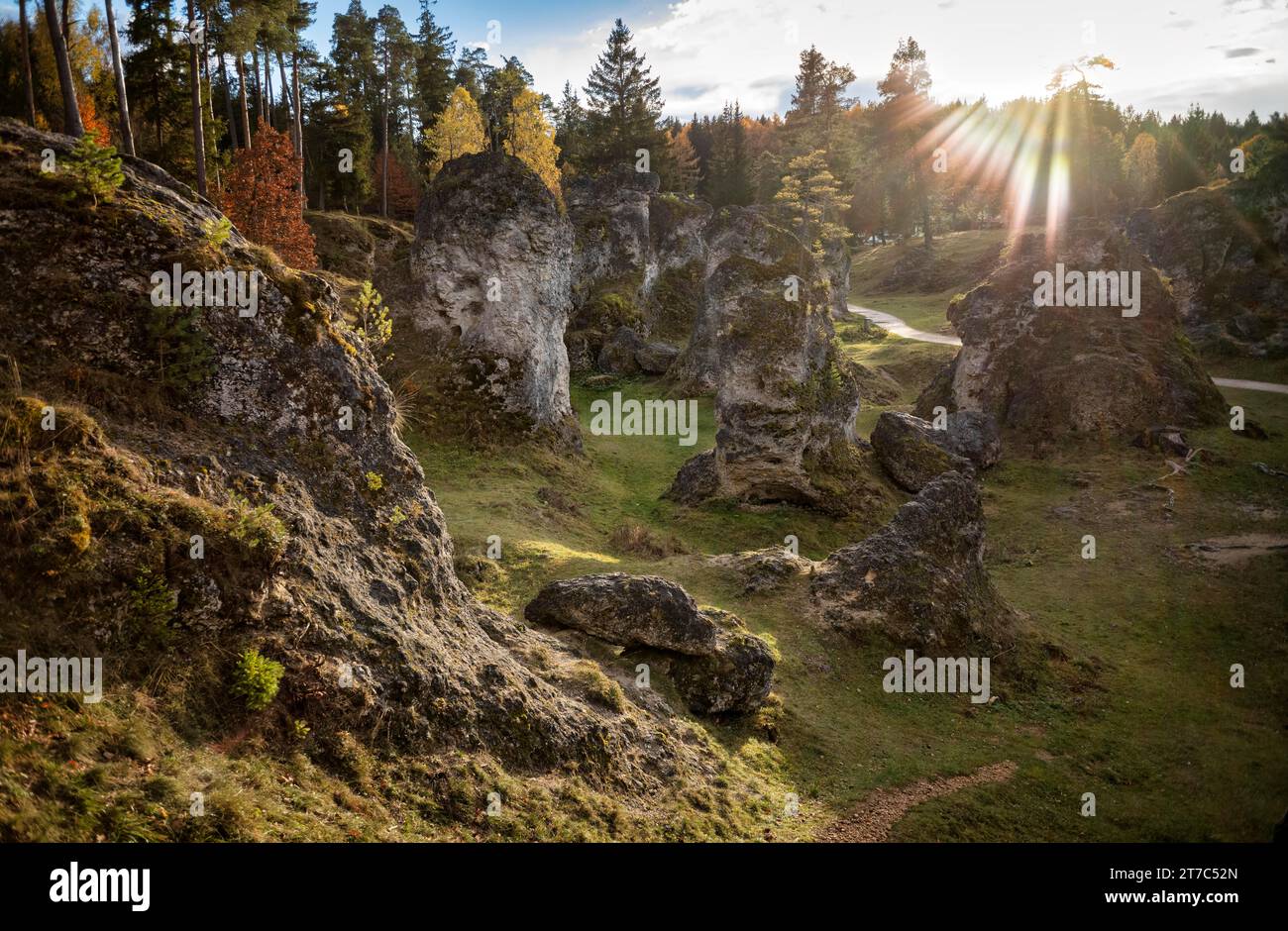 Rocce dolomitiche, mare di rocce, Wental, atmosfera autunnale, autunno, Sunset, Barholomae, Baden-Wuerttemberg, Germania Foto Stock