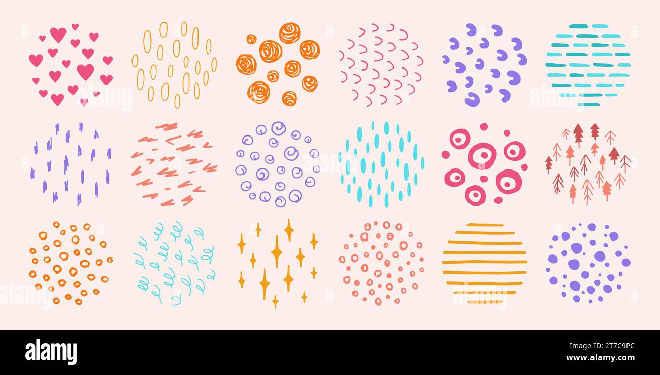 Forme grunge astratte dipingono insieme oggetti scarabocchi. Motivi di colore della curva di tracciatura a inchiostro disegnati a mano. Tracciatori di tendenza, linee di schizzo curve texture. Illustrazione vettoriale isolata creativa per ornamenti per bambini Illustrazione Vettoriale