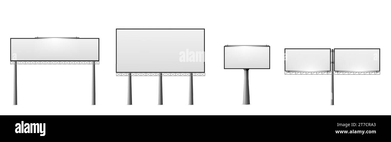 Mockup per affissioni stradali con banner bianco bianco bianco e lampade su colonne metalliche. Set di illustrazioni vettoriali realistiche di pedane stradali per esterni per cartelli pubblicitari. Modello pannello segnaletica orizzontale. Illustrazione Vettoriale