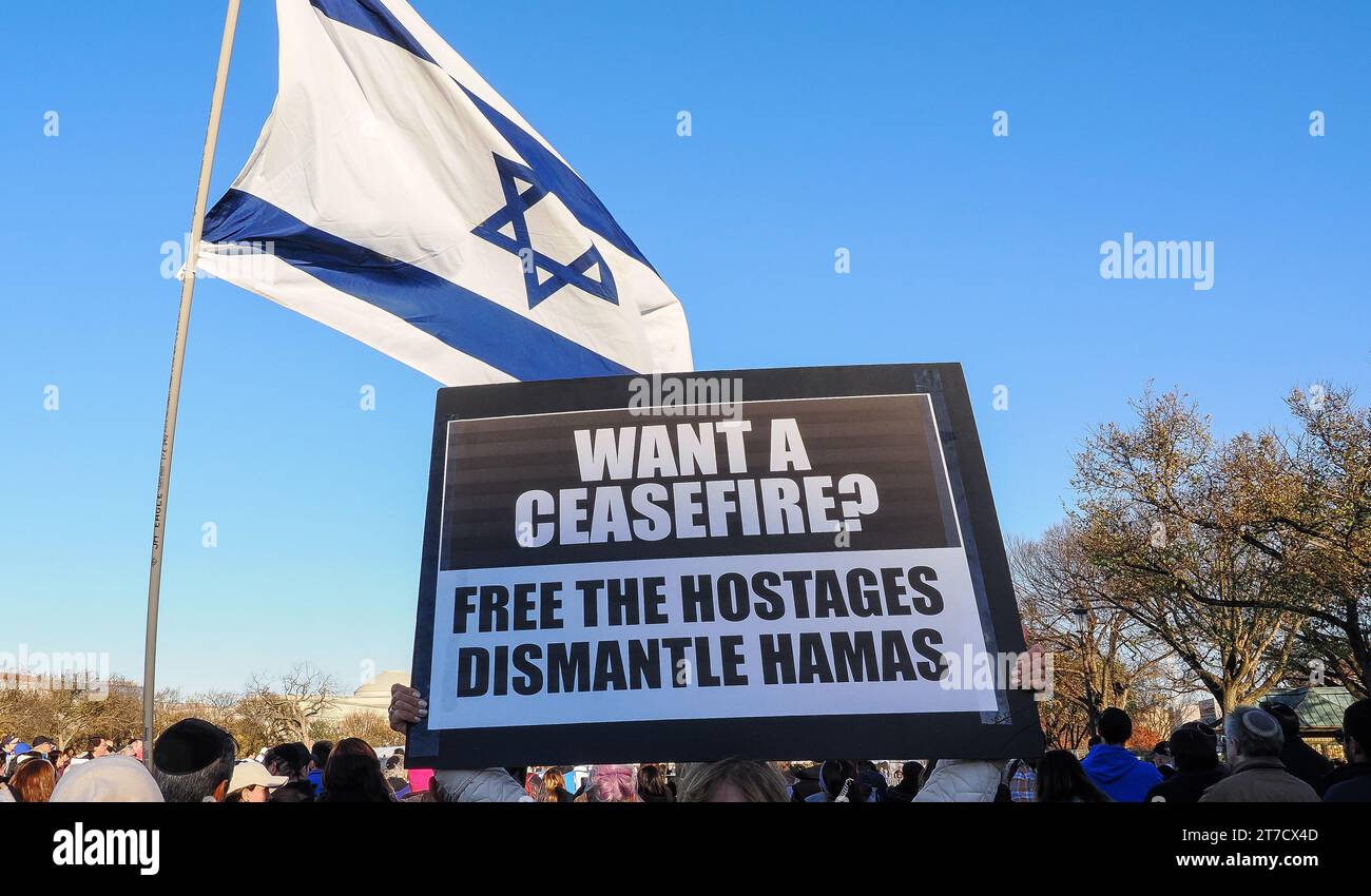 Washington, DC., USA, 14 marzo 2023 Sign ha tenuto in alto 'Want a cessate il fuoco?' Con la bandiera israeliana che sventola dietro Foto Stock