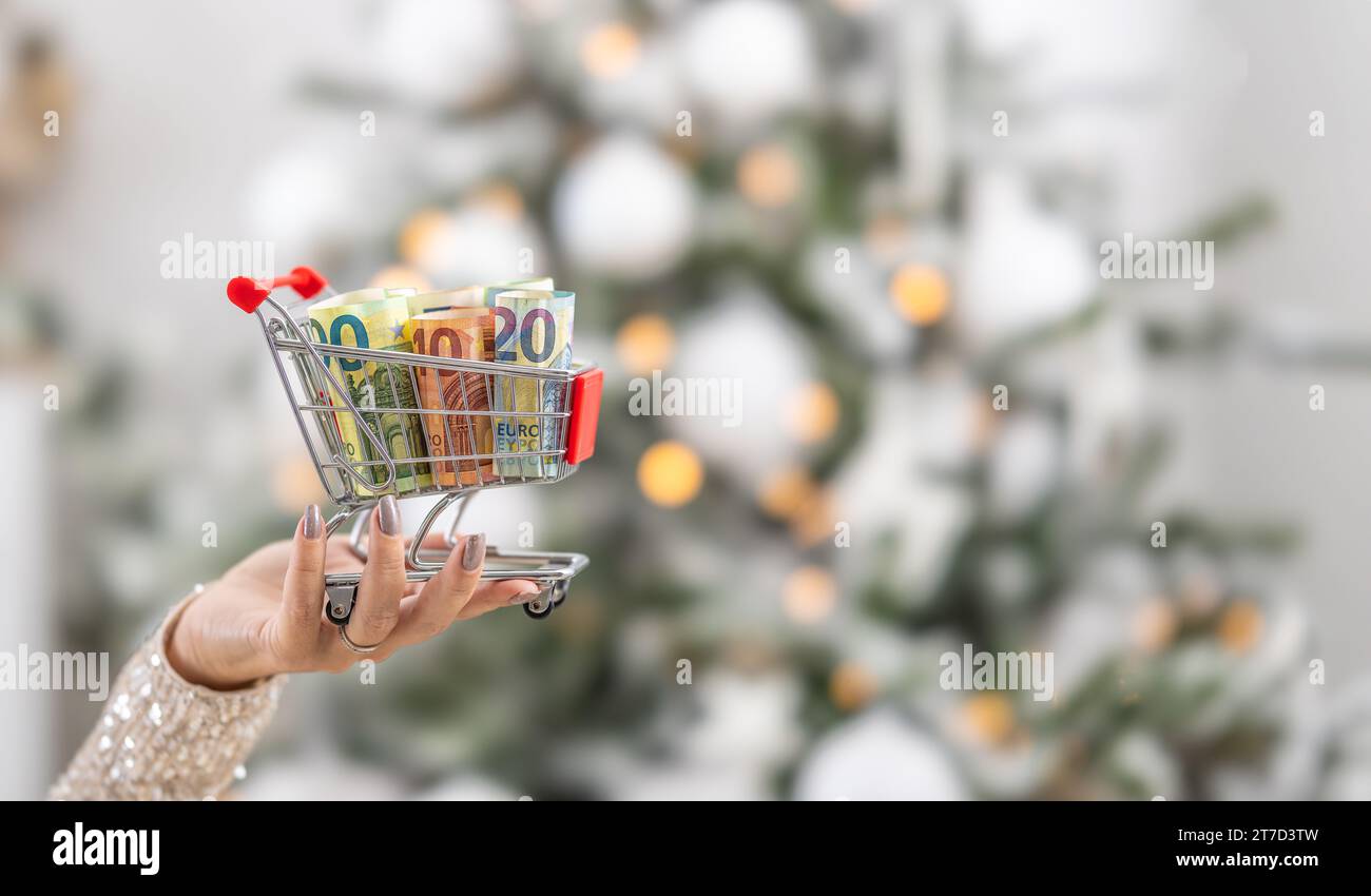 Un piccolo carrello pieno di banconote in euro tenute per mano di una donna con un albero di Natale sullo sfondo. Foto Stock