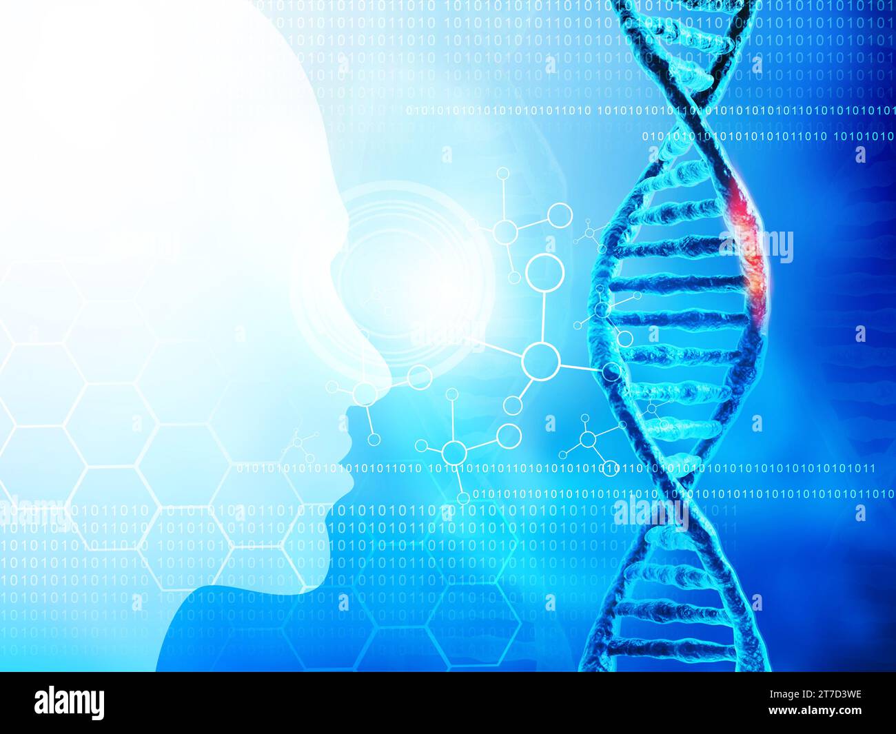 Molecola di DNA umano. Studi sul genoma umano , contesto biochimico. illustrazione 3d. Foto Stock