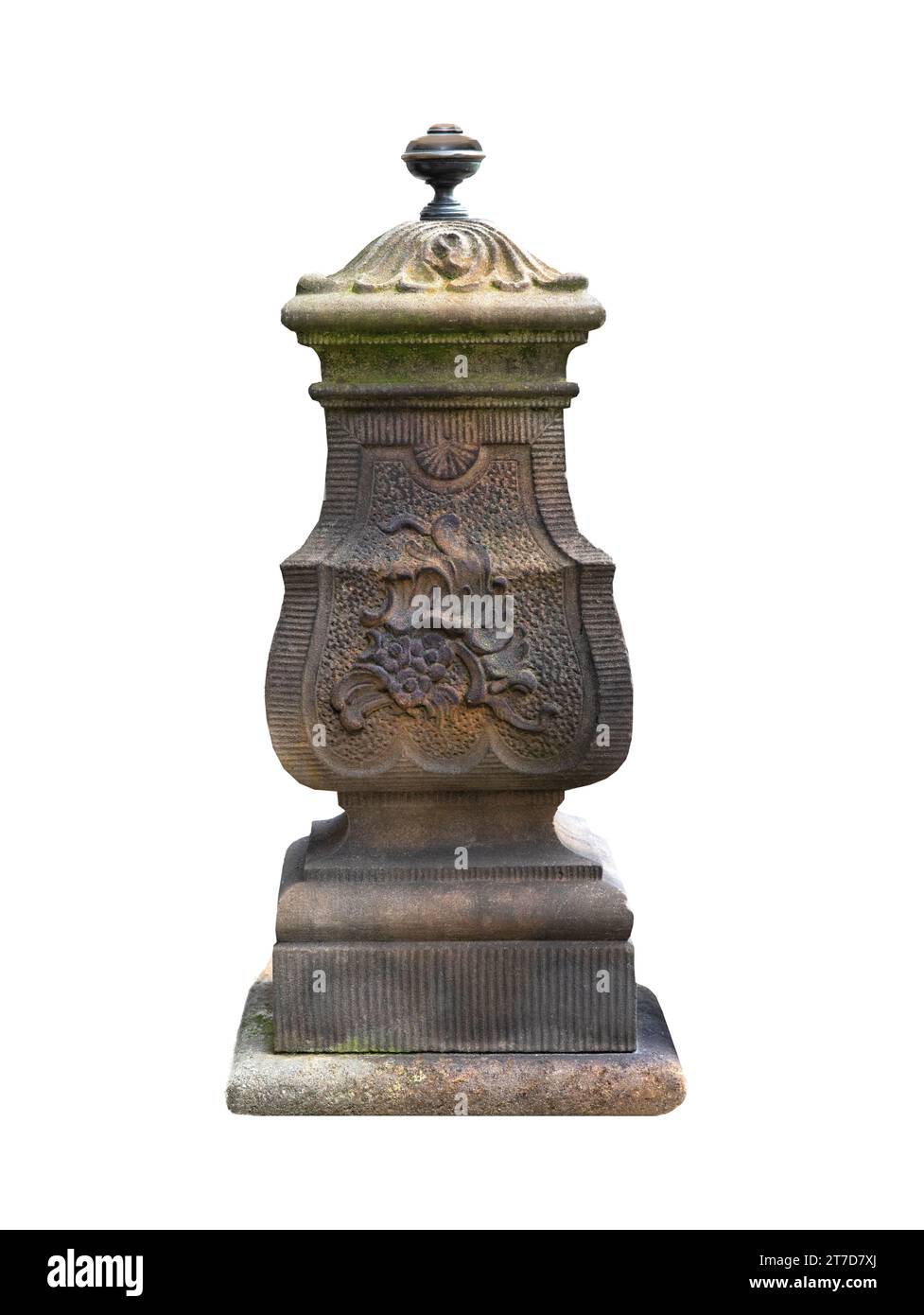 colonna medievale in pietra per le scale dell'ingresso della casa su sfondo bianco Foto Stock