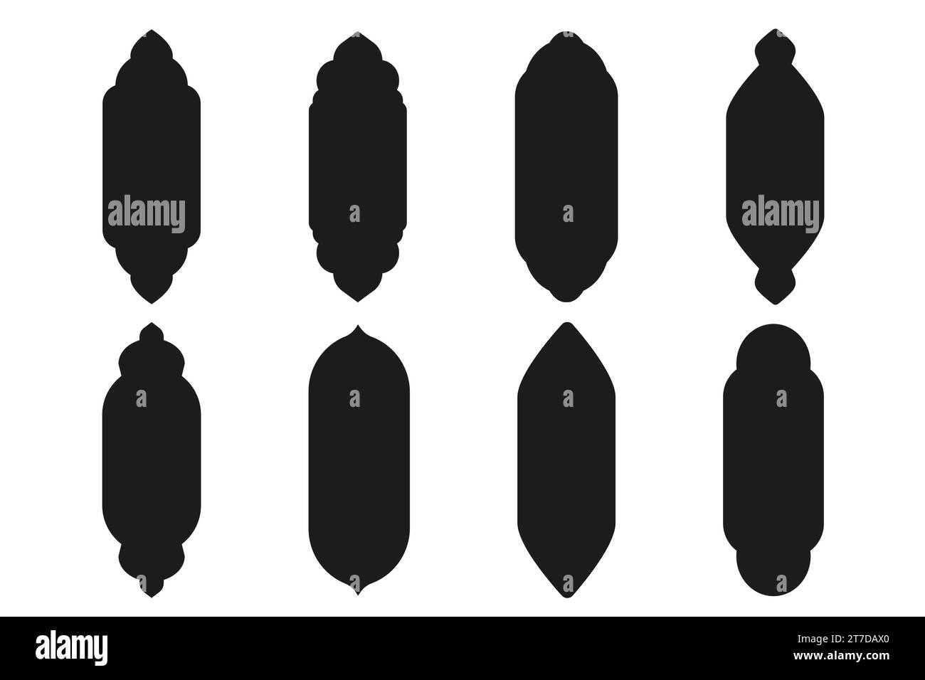 Imposta cornici ad arco islamici, silhouette per finestre o porte, bordo geometrico semplice isolato su sfondo bianco. Porta della moschea, arabesco islamico, arco arabo di forma musulmana. Illustrazione vettoriale Illustrazione Vettoriale