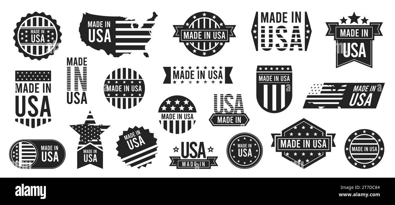 Made in USA Stapms colore nero. Timbro con bandiera retrò americana con testo. Logo con testo e sigillo. Set di vettori di disegno etichette Illustrazione Vettoriale