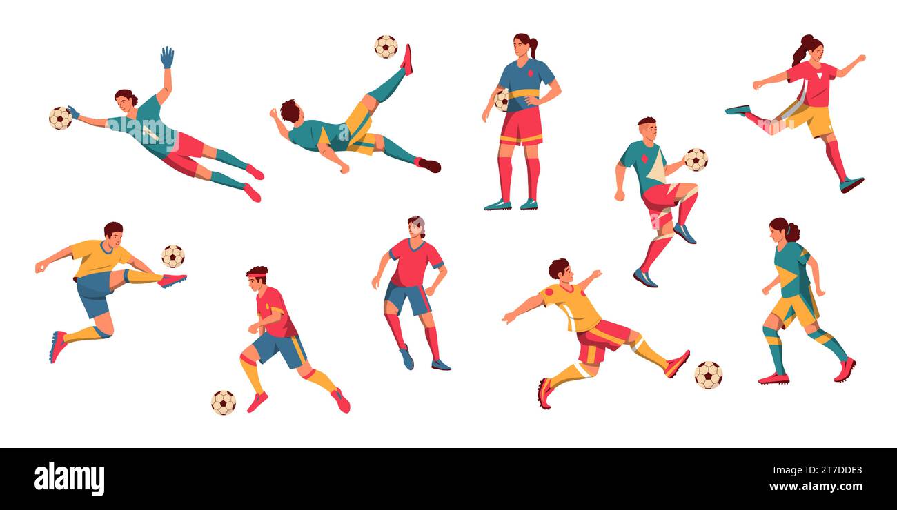 Uomini e donne giocatori di football. Personaggi maschili e femminili dei cartoni animati che giocano a calcio, atleti maschili e femminili in uniforme con dribbling e calci Illustrazione Vettoriale