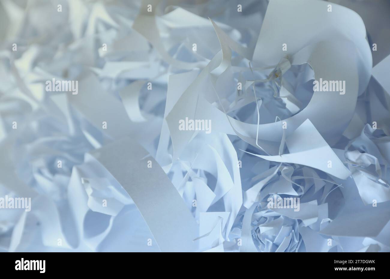 Sfondo con trama di carta triturata, vista dall'alto di molte strisce di carta bianca. Pile di carta tagliata come i corietti per feste o il riempitivo per scatole per la spedizione di articoli fragili Foto Stock