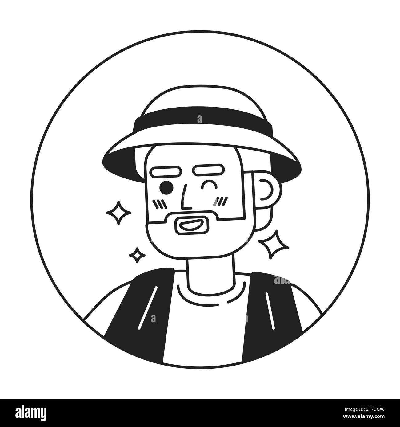 Un pescatore caucasico con la barba, sorridente illustrazione dell'avatar vettoriale 2D in bianco e nero Illustrazione Vettoriale