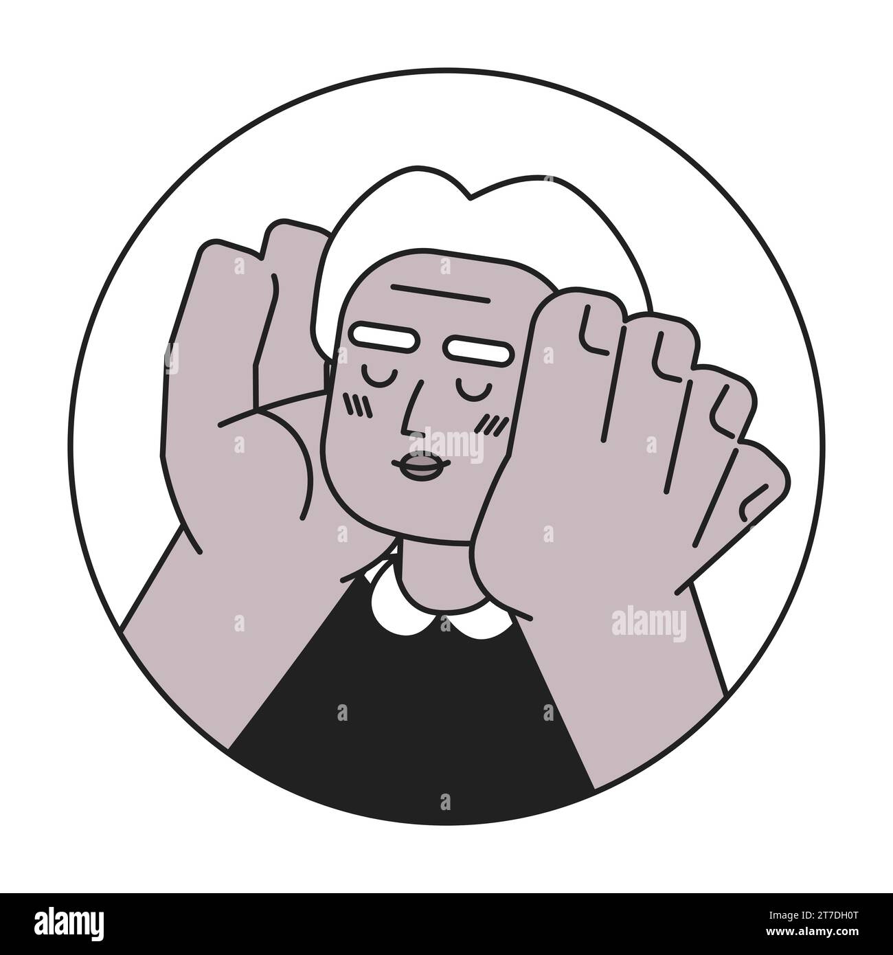 Vecchia signora afroamericana mani sulle guance sorridenti illustrazione dell'avatar vettoriale 2D in bianco e nero Illustrazione Vettoriale
