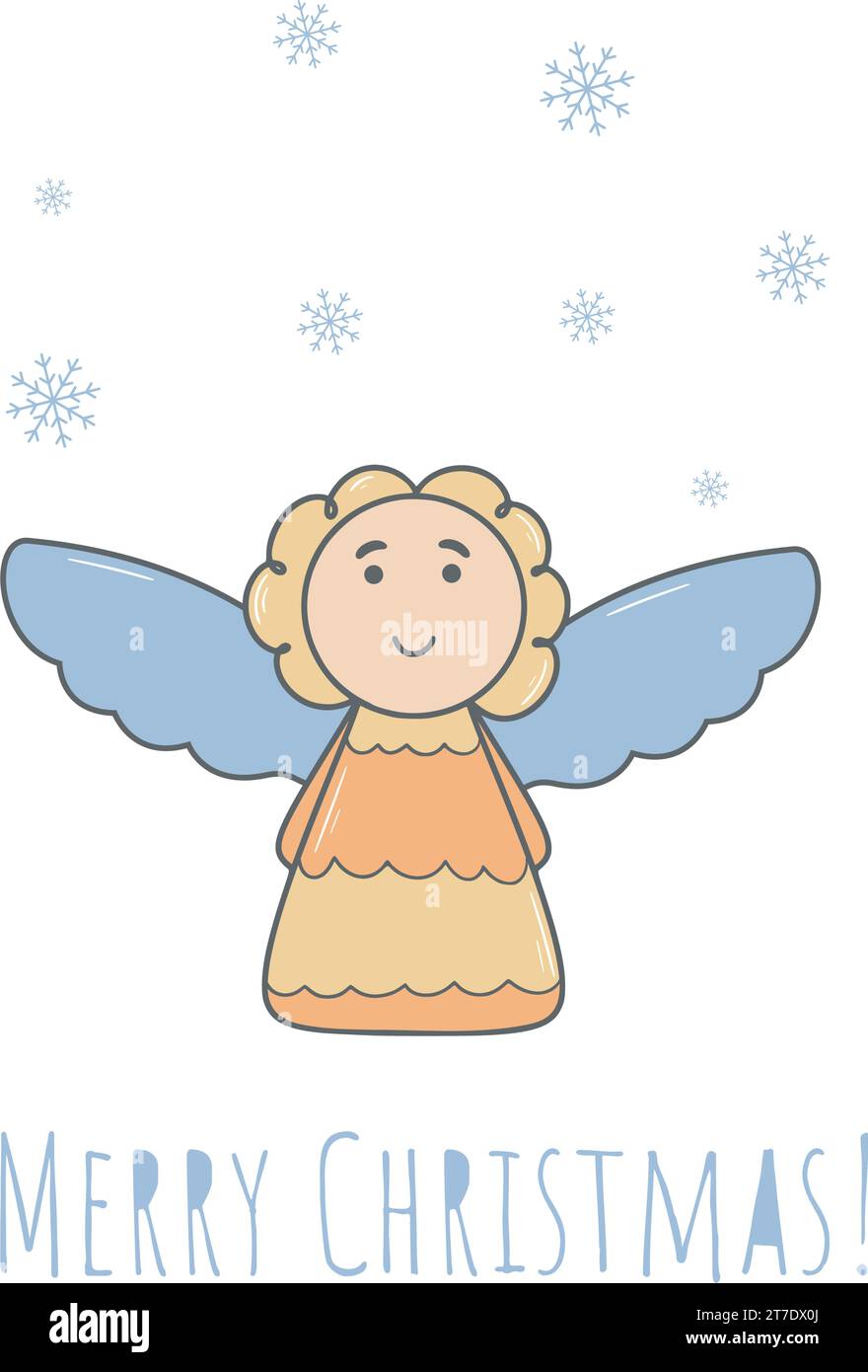Biglietto natalizio con angelo e iscrizione buon Natale. Carini saluti alla vigilia di Natale. Frase scritta a mano con carattere angelo con ali e fiocco di neve Illustrazione Vettoriale