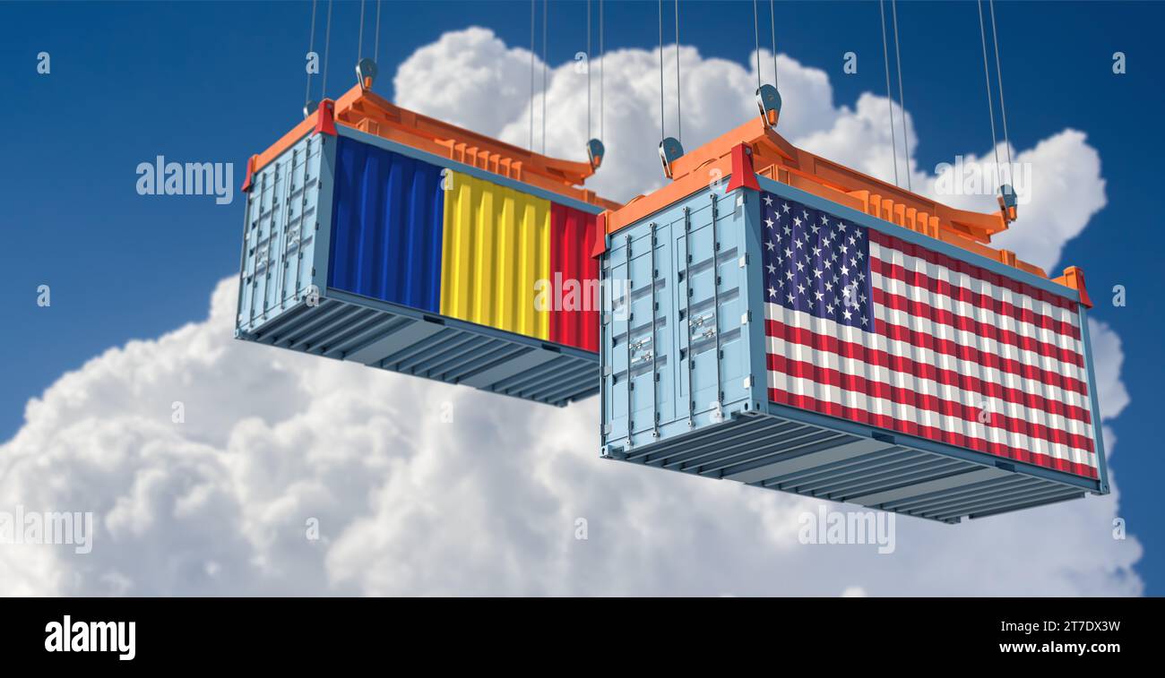 Container da carico con bandiere nazionali USA e Romania. Rendering 3D. Foto Stock