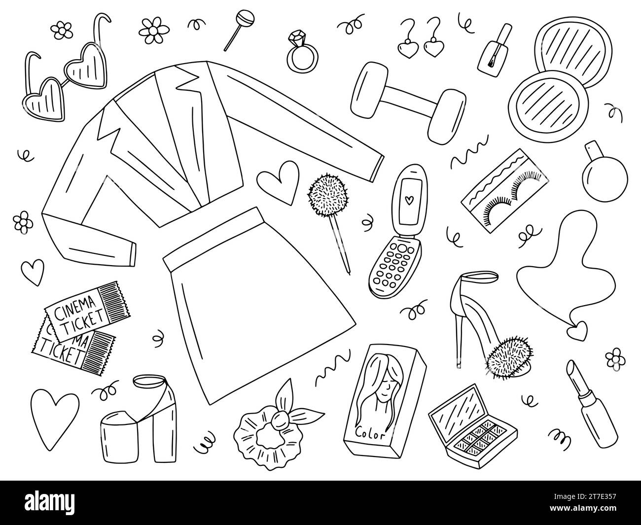 Set di elementi disegnati a mano Doodle barbiecore Illustrazione Vettoriale