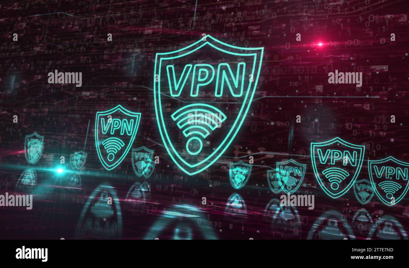 Concetto digitale del simbolo di comunicazione di rete privata virtuale VPN. Cyber Technology e sfondo informatico illustrazione astratta 3D. Foto Stock