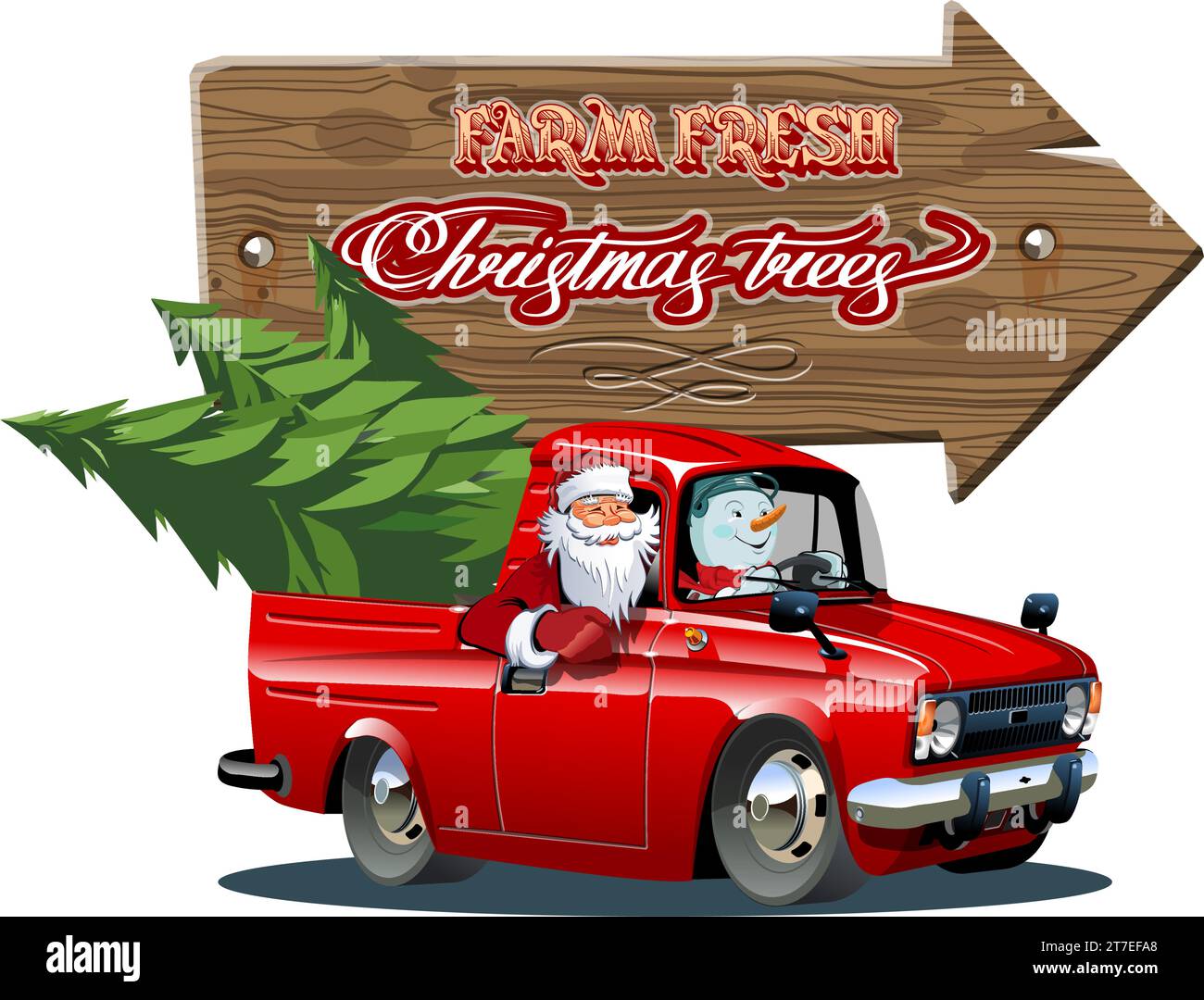 Cartello Vector vintage con albero di Natale su un camion rosso. Poster retrò degli alberi di Natale freschi della fattoria. Formato eps-10 disponibile separato da gruppi e la Illustrazione Vettoriale