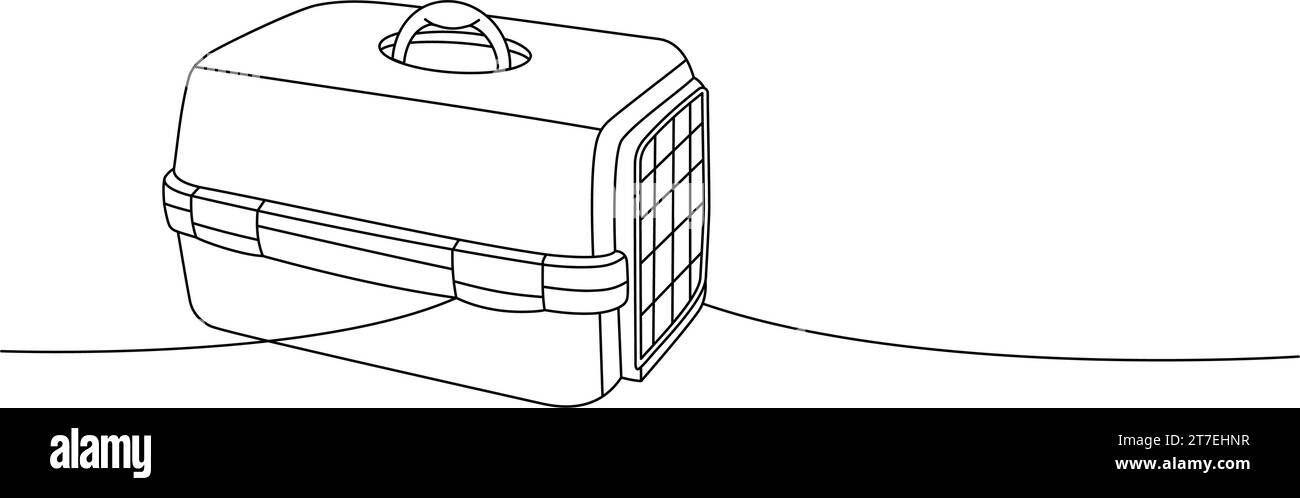 Custodia per il trasporto, gabbia, scatola per animali, disegno continuo su una linea. Accessori per animali, il giocattolo per animali fornisce un'illustrazione continua a una riga. Illustrazione Vettoriale