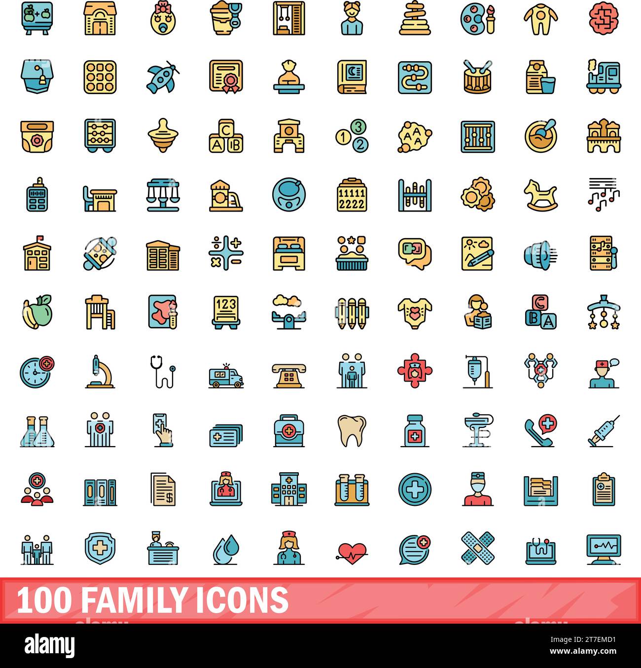 set di 100 icone famiglia. Set di linee colorate delle icone vettoriali famiglia di colori linea sottile piatta su bianco Illustrazione Vettoriale