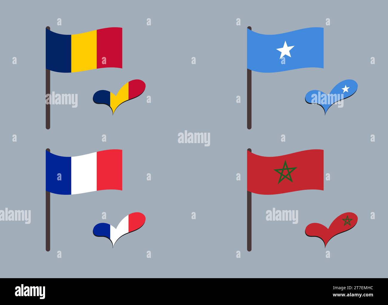 Serie di bandiere (Ciad, Somalia, Saint Martin, Marocco). Cuore nei colori della bandiera. Insieme di simboli nazionali. Illustrazione Vettoriale