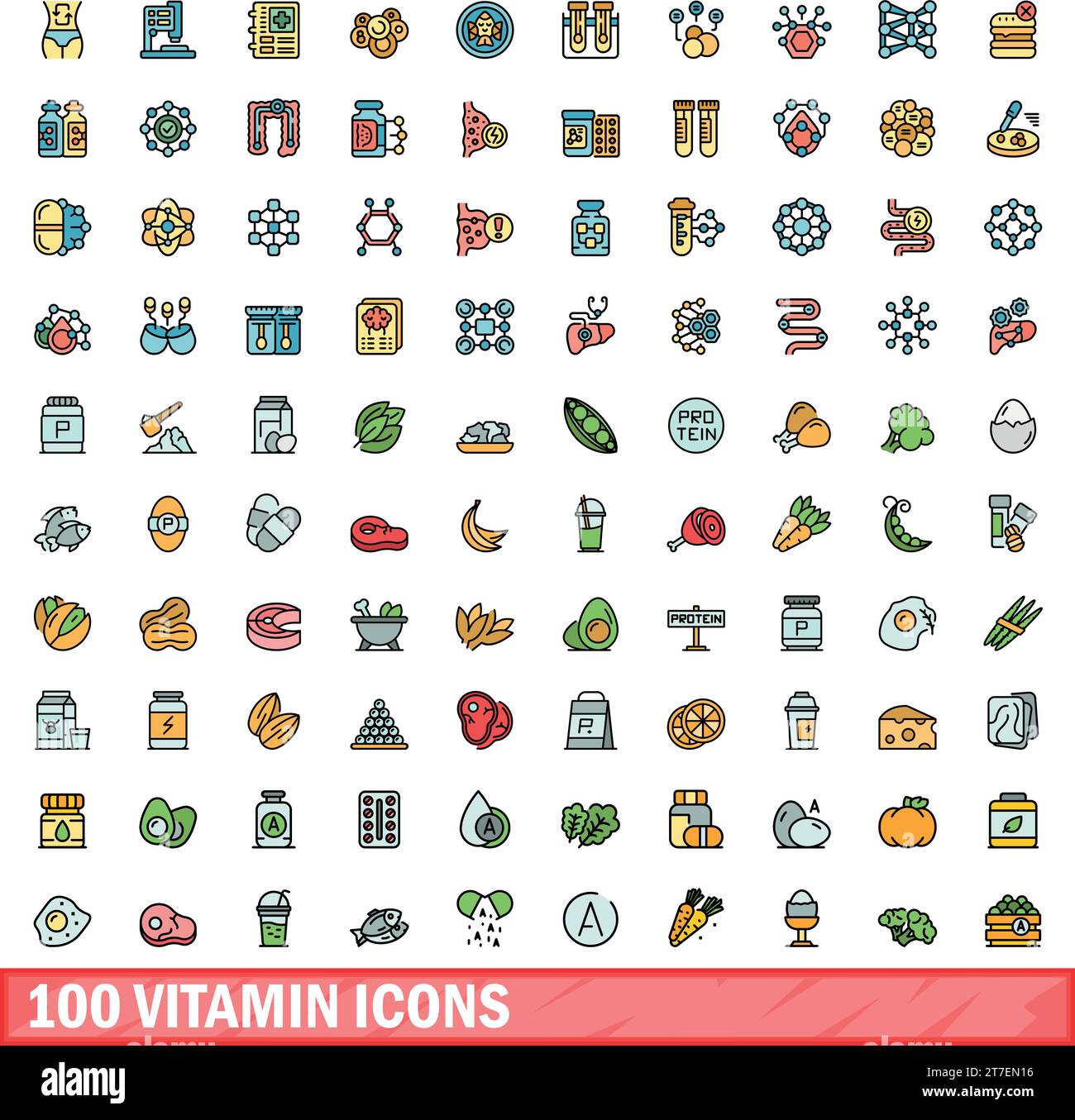 set di 100 icone vitaminiche. Set di linee colorate di icone vettoriali di vitamine colore sottile piatto su bianco Illustrazione Vettoriale