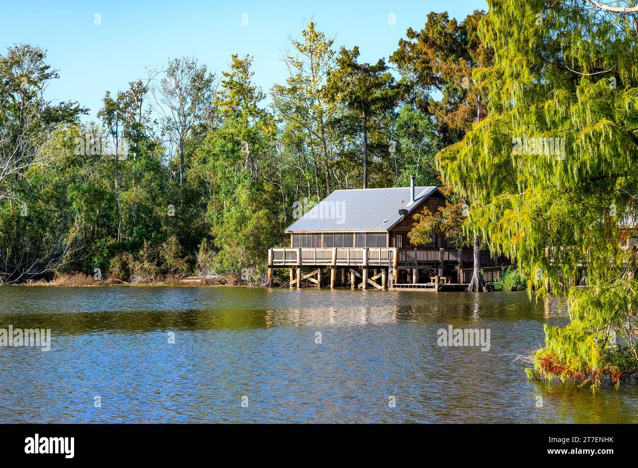 LAKE FAUSSE POINTE STATE Park, LOUISIANA, USA - 26 OTTOBRE 2023: Cabina sul lago Fausse nel bacino del fiume Atchafalaya di Acadiana Foto Stock