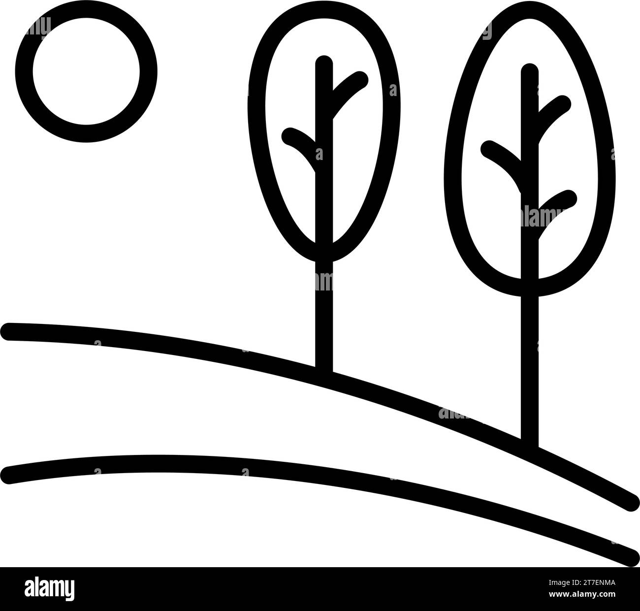 Logo vettoriale della natura in stile lineare. Icona di un paesaggio semplice con alberi, sole, campi. Emblema aziendale, distintivo per viaggi, agricoltura ed ecol Illustrazione Vettoriale