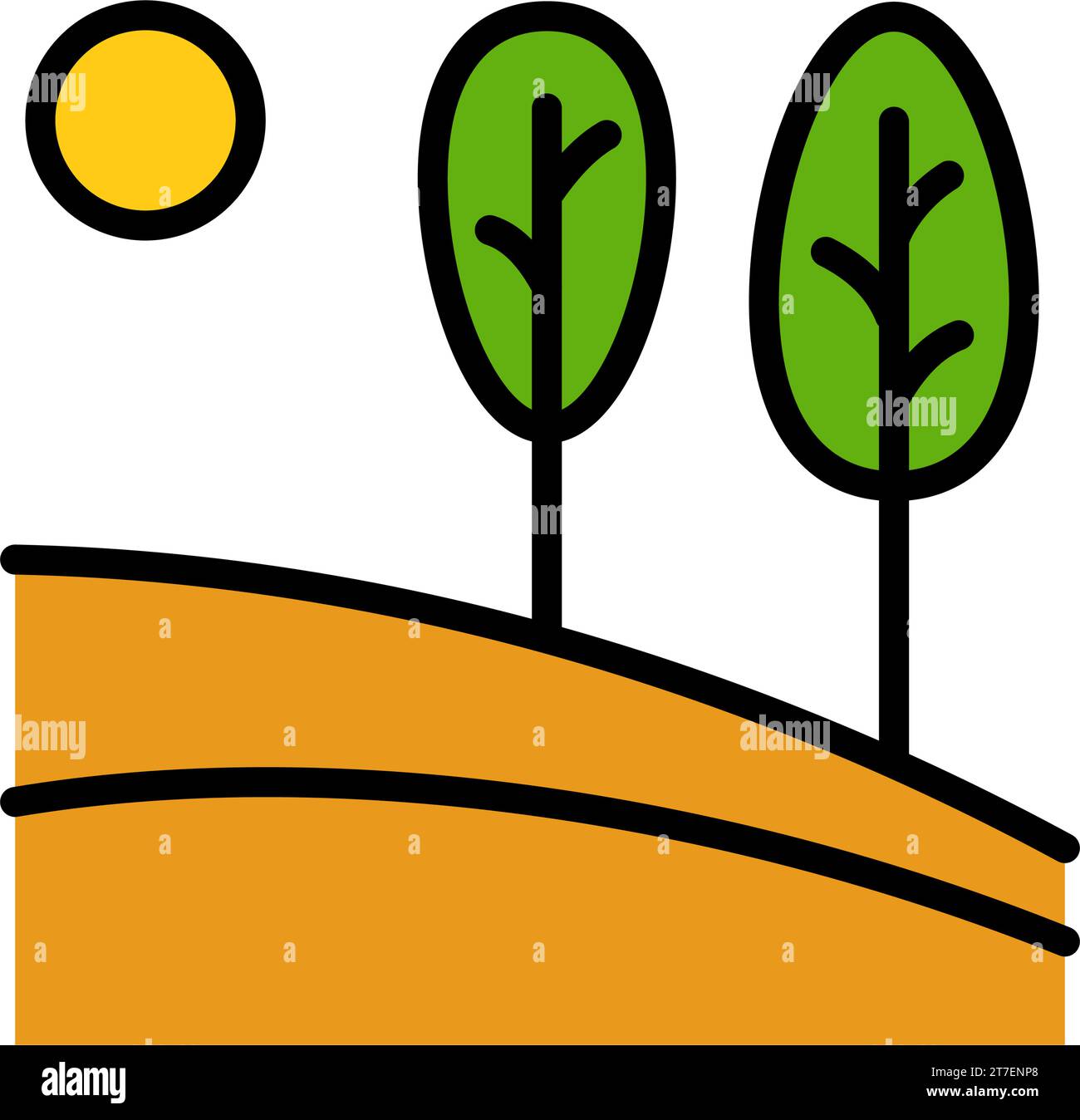 Logo vettoriale della natura in stile colore. Icona piatta di un paesaggio semplice con alberi, sole, campi. Emblema aziendale, distintivo per viaggi, agricoltura ed ecologia Illustrazione Vettoriale