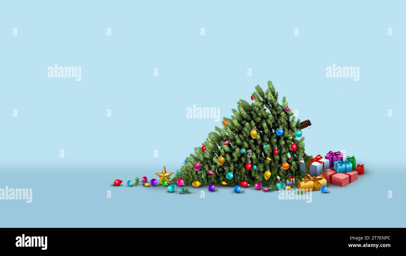 L'albero di Natale caduto come divertente carta per gli incidenti natalizi come un pino rotto decorato con decorazioni ornamentali Foto Stock
