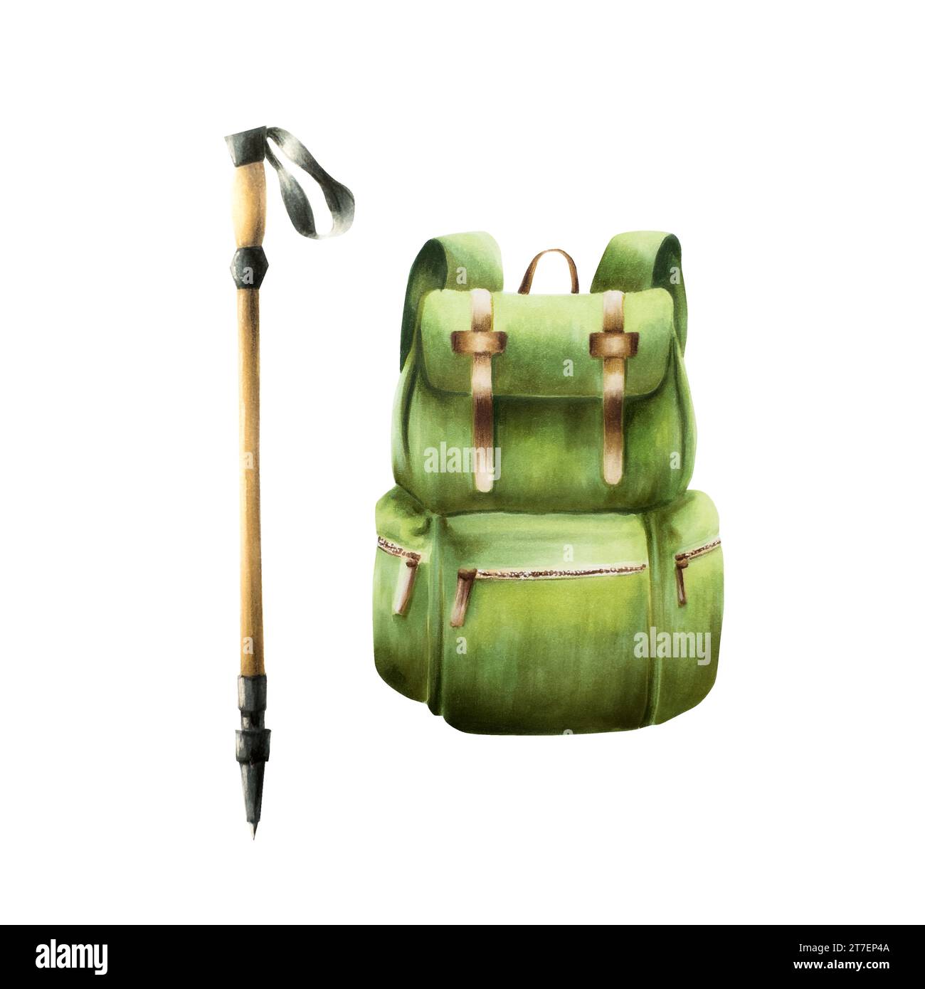Zaino per escursioni e campeggio con bastone da sci e da trekking in stile acquerello. Attrezzature di montagna per attività ricreative turismo e avverto iso Foto Stock